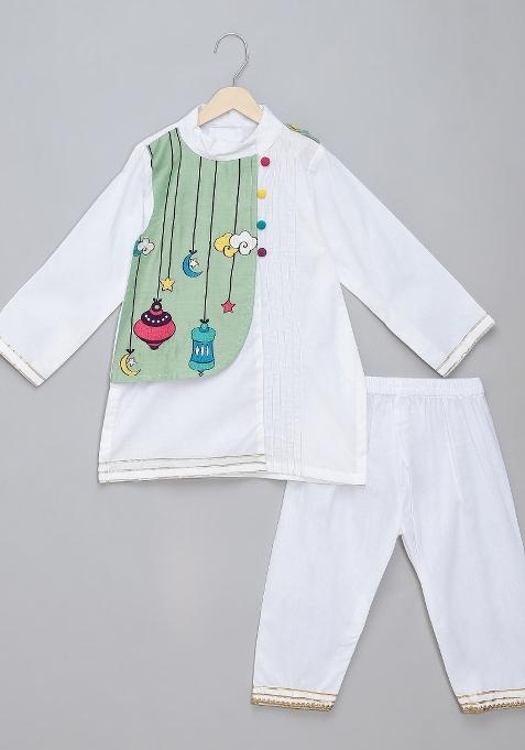 Green Embroidered Cotton Kurta Set Eid For Boys