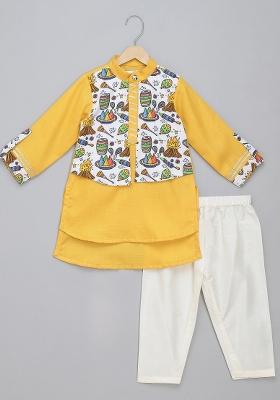 Yellow Printed Cotton Kurta Set Lohri For Boys