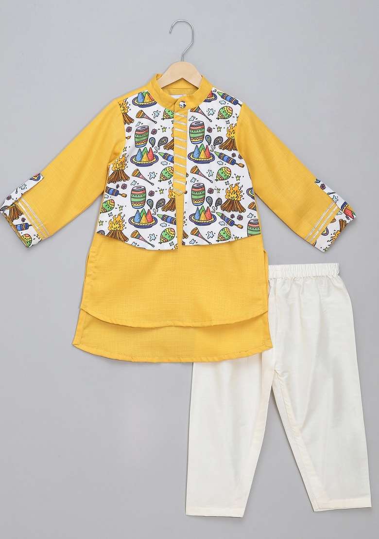 Yellow Printed Cotton Kurta Set Lohri For Boys - Indya