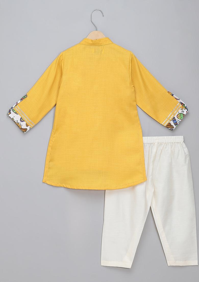 Yellow Printed Cotton Kurta Set Lohri For Boys