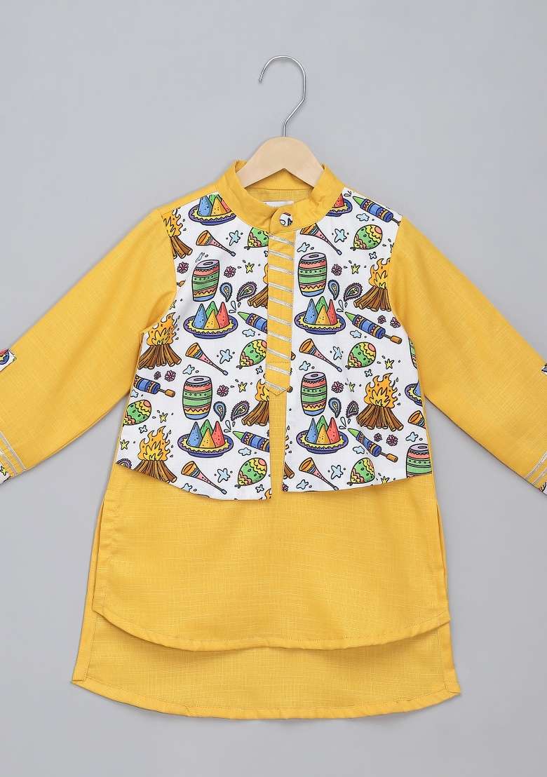 Yellow Printed Cotton Kurta Set Lohri For Boys - Indya
