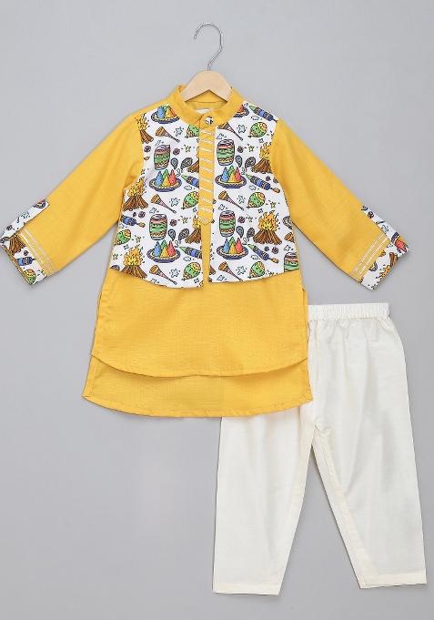 Yellow Printed Cotton Kurta Set Lohri For Boys
