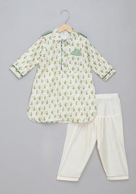 Green Printed Cotton Silk Kurta Set Eid For Boys