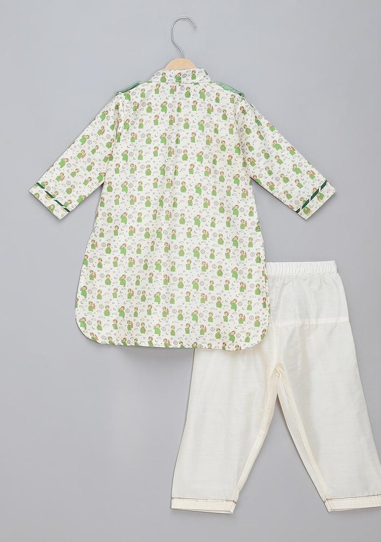 Green Printed Cotton Silk Kurta Set Eid For Boys