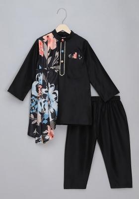 Black Embroidered Cotton Silk Kurta Set Wedding For Boys
