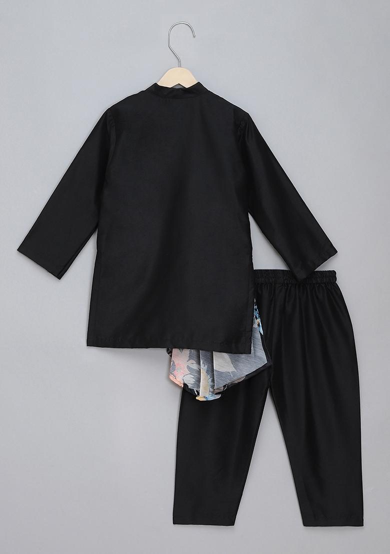 Black Embroidered Cotton Silk Kurta Set Wedding For Boys