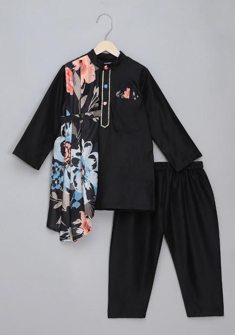 Black Embroidered Cotton Silk Kurta Set Wedding For Boys