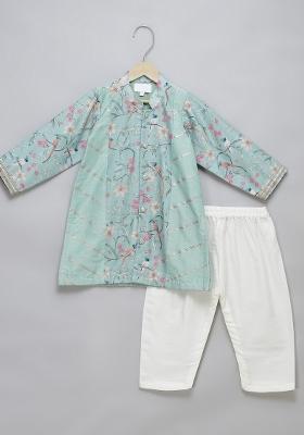Pastel Green Embroidered Cotton Silk Kurta Set Wedding For Boys