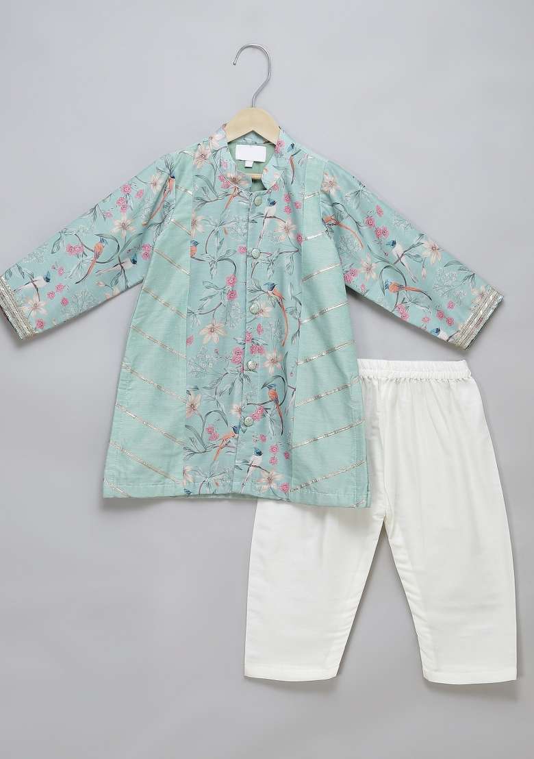 Pastel Green Embroidered Cotton Silk Kurta Set Wedding For Boys - Indya
