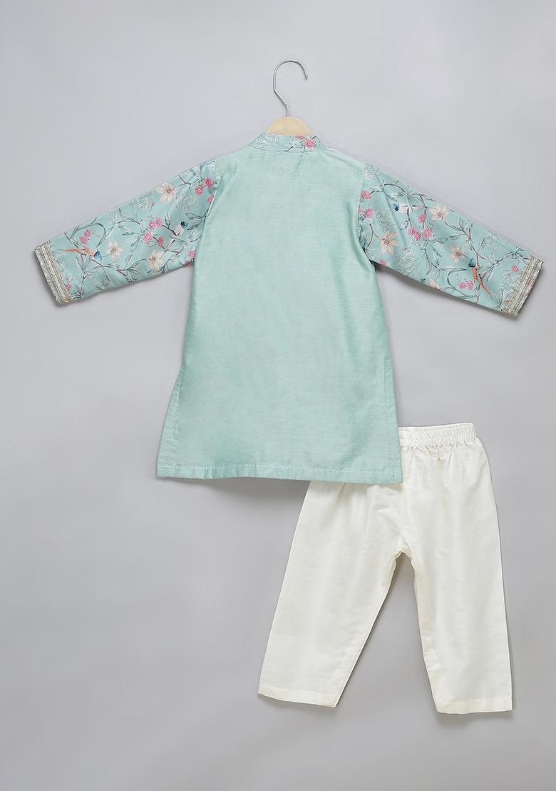 Pastel Green Embroidered Cotton Silk Kurta Set Wedding For Boys