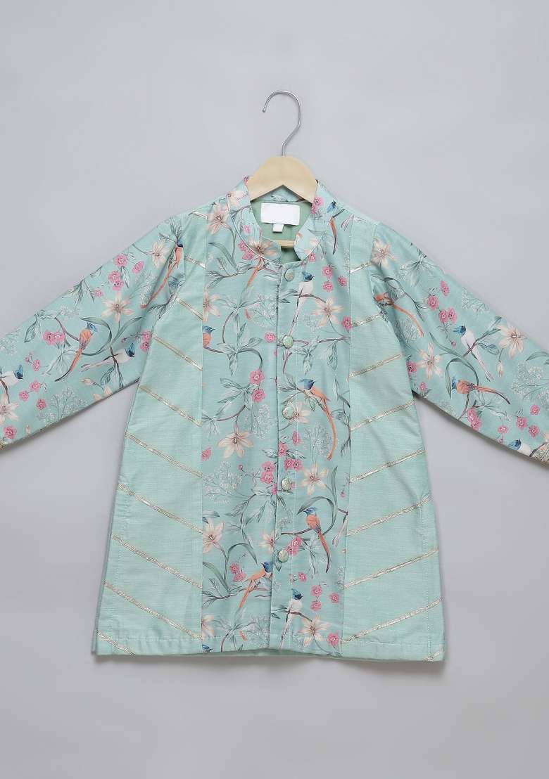 Pastel Green Embroidered Cotton Silk Kurta Set Wedding For Boys - Indya