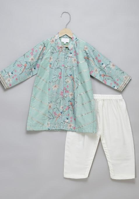 Pastel Green Embroidered Cotton Silk Kurta Set Wedding For Boys