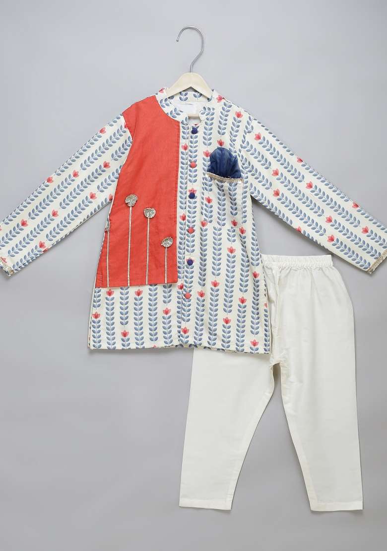 Off White Embroidered Cotton Silk Kurta Set Wedding For Boys - Indya