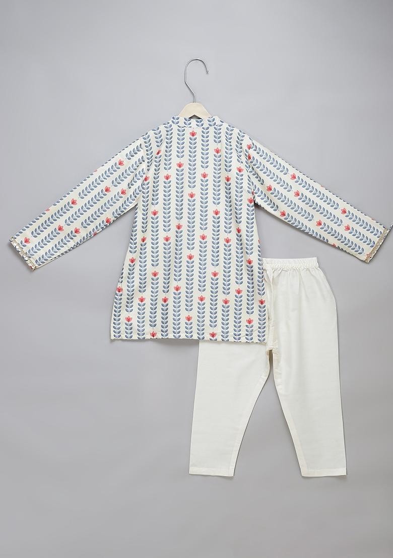 Off White Embroidered Cotton Silk Kurta Set Wedding For Boys