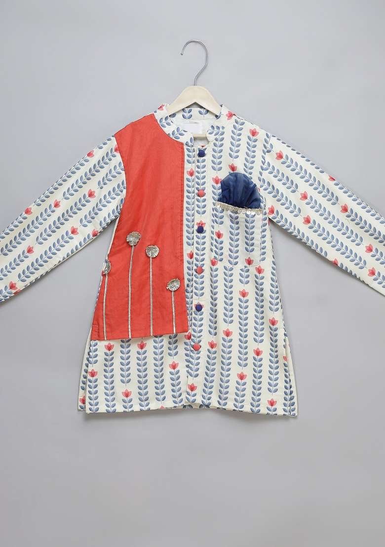 Off White Embroidered Cotton Silk Kurta Set Wedding For Boys - Indya