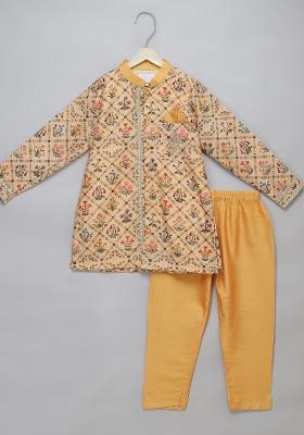 Beige Embroidered Cotton Silk Kurta Set Wedding For Boys