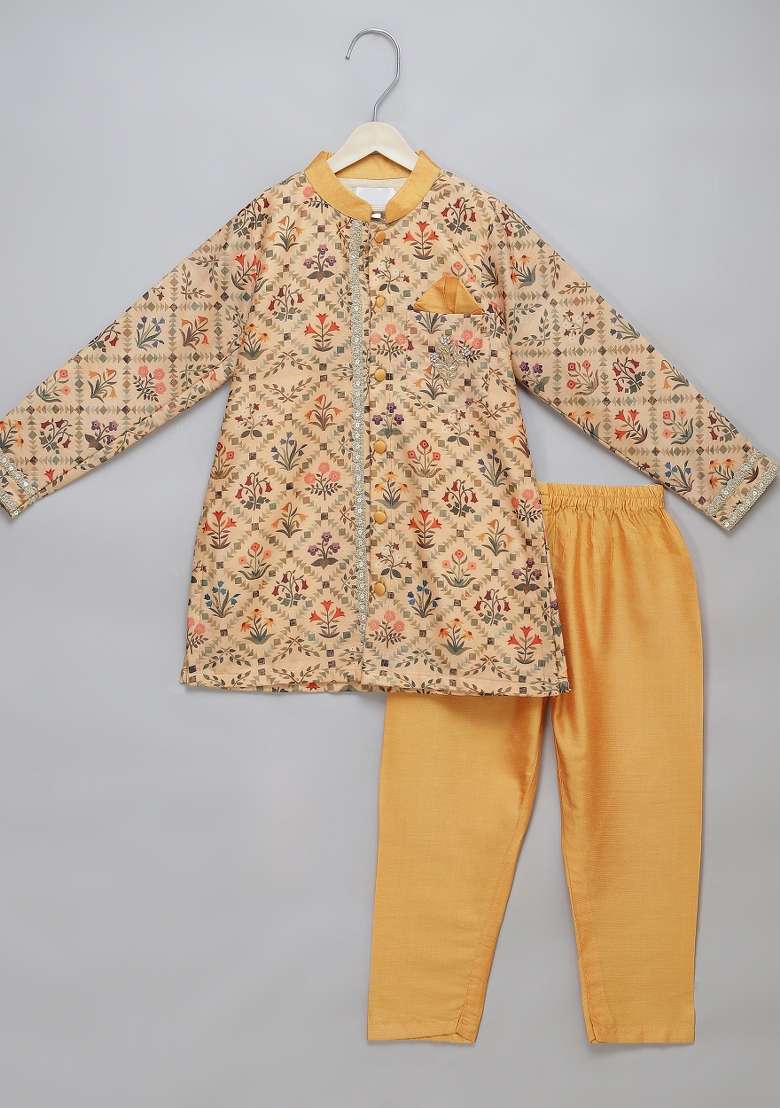 Beige Embroidered Cotton Silk Kurta Set Wedding For Boys - Indya