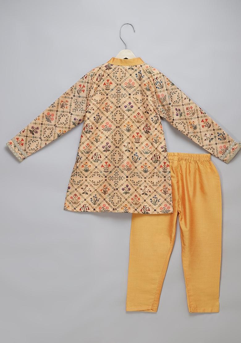 Beige Embroidered Cotton Silk Kurta Set Wedding For Boys