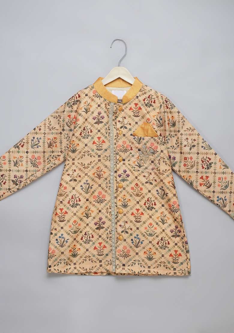 Beige Embroidered Cotton Silk Kurta Set Wedding For Boys - Indya