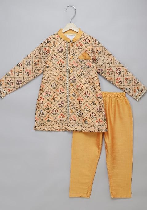 Beige Embroidered Cotton Silk Kurta Set Wedding For Boys