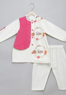 Off White Embroidered Cotton Silk Kurta Set Wedding For Boys