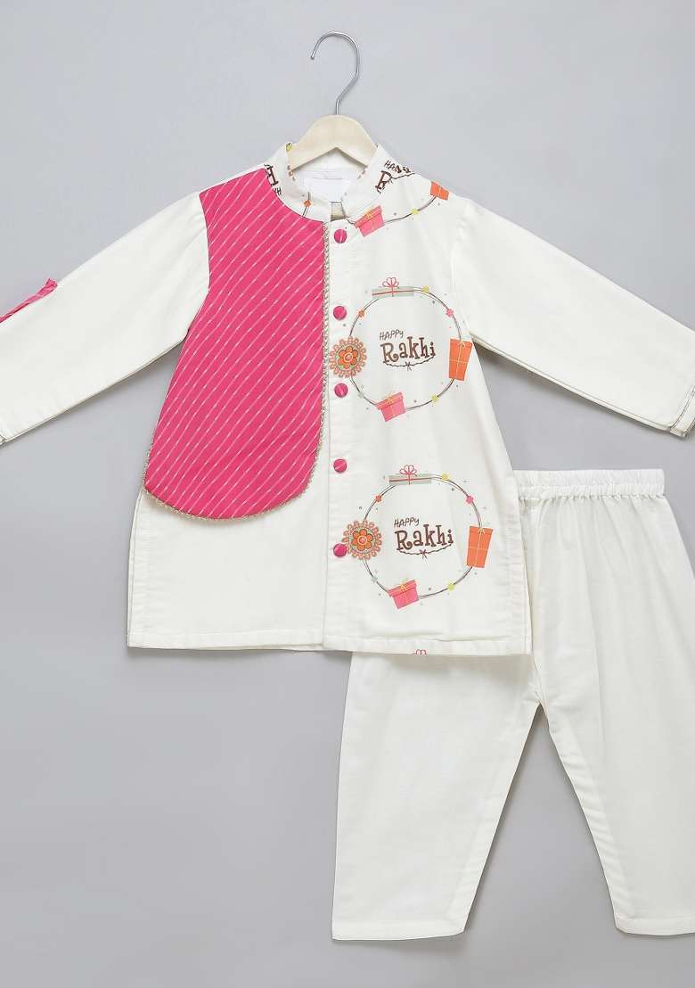 Off White Embroidered Cotton Silk Kurta Set Wedding For Boys - Indya