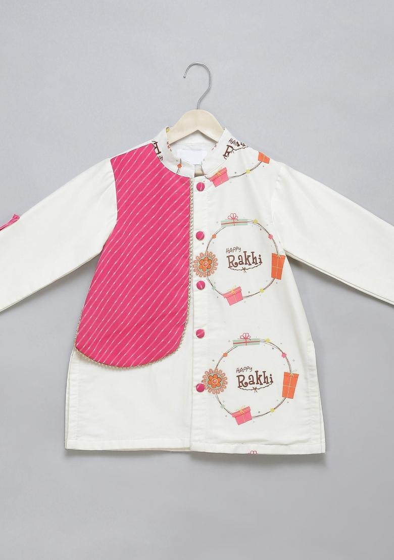 Off White Embroidered Cotton Silk Kurta Set Wedding For Boys