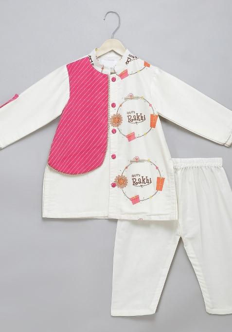 Off White Embroidered Cotton Silk Kurta Set Wedding For Boys