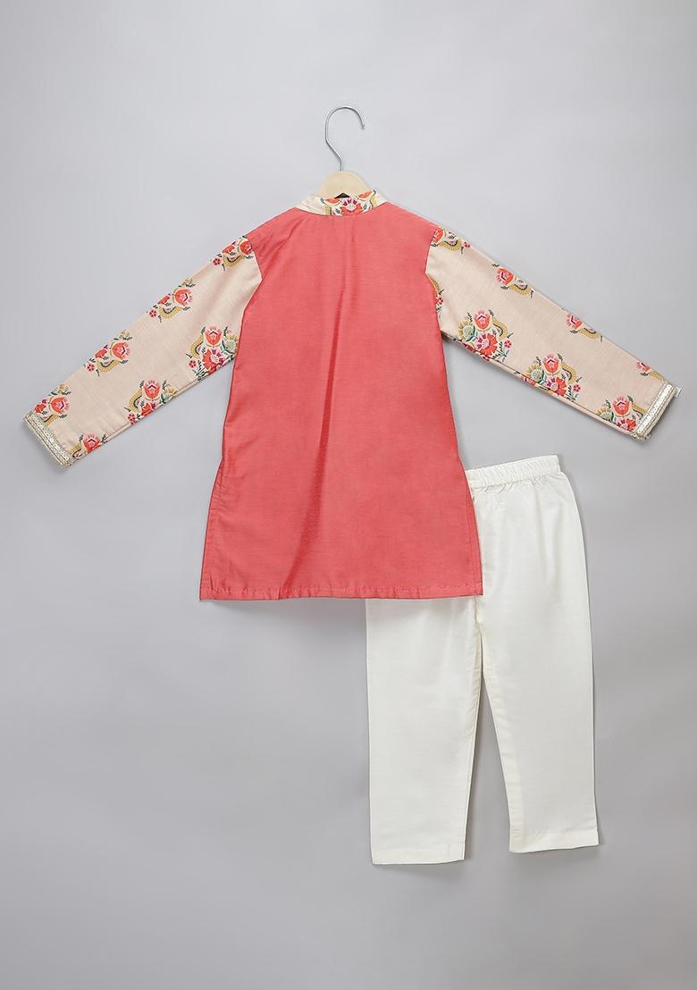Coral Embroidered Cotton Silk Kurta Set Wedding For Boys