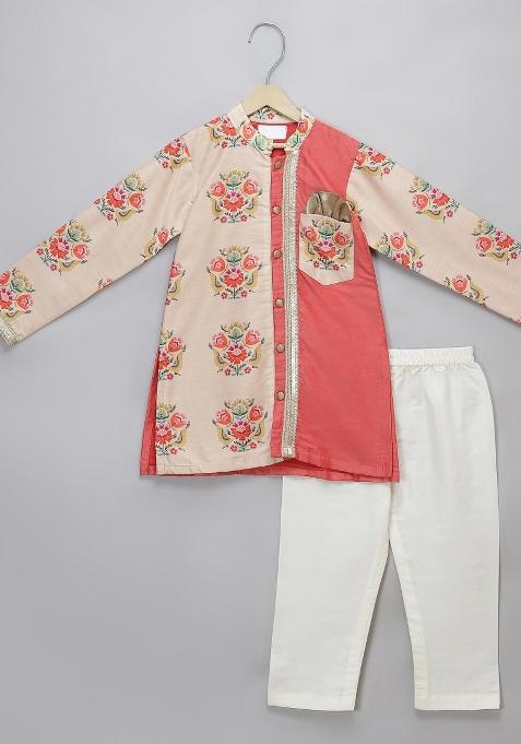 Coral Embroidered Cotton Silk Kurta Set Wedding For Boys