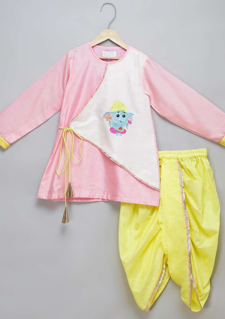 Offwhite Embroidered Cotton Silk Dhoti Set Ganesh Chaturthi For Boys - Indya