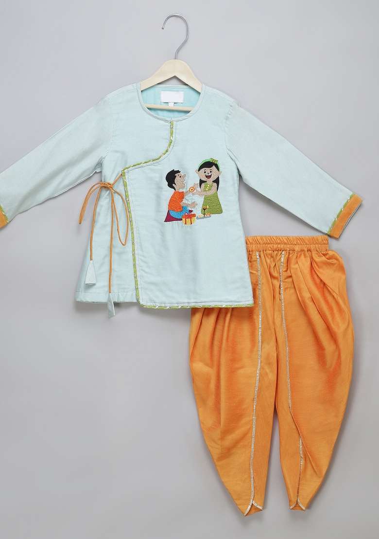 Blue Embroidered Cotton Silk Dhoti Set Raksha Bandhan For Boys - Indya
