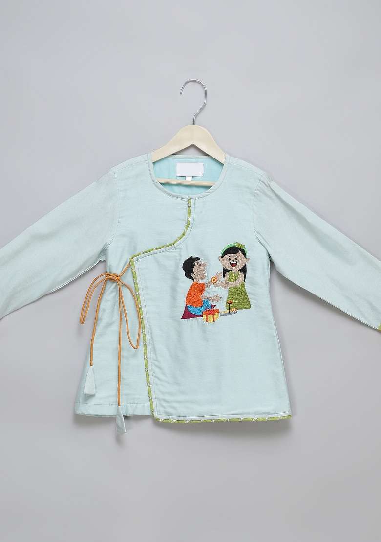 Blue Embroidered Cotton Silk Dhoti Set Raksha Bandhan For Boys - Indya