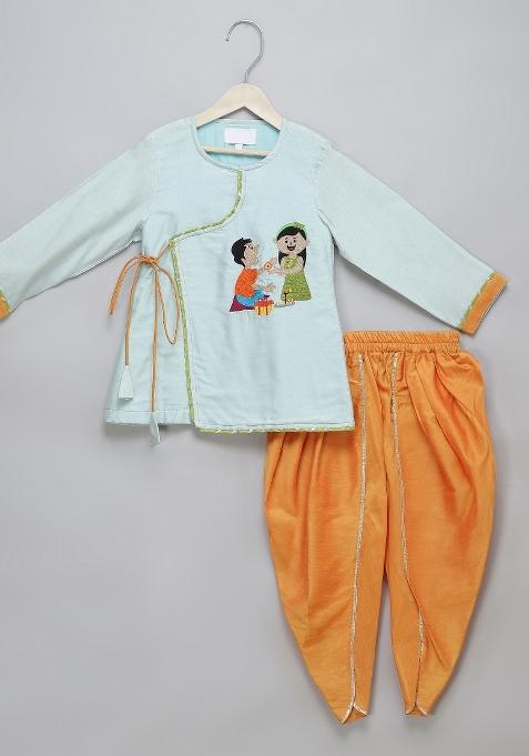 Blue Embroidered Cotton Silk Dhoti Set Raksha Bandhan For Boys