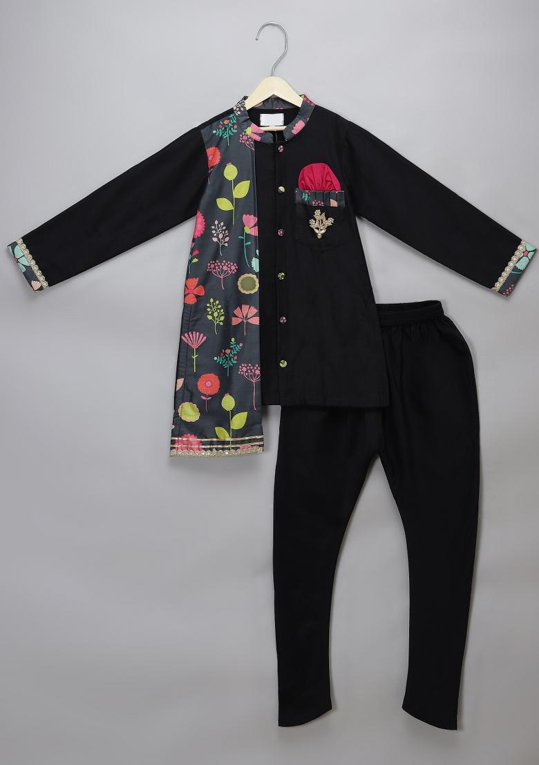 Black Embroidered Cotton Silk Kurta Set Wedding For Boys