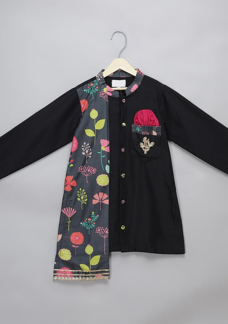 Black Embroidered Cotton Silk Kurta Set Wedding For Boys