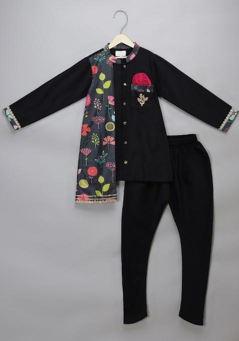 Black Embroidered Cotton Silk Kurta Set Wedding For Boys