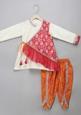 Off White Embroidered Cotton Silk Kurta Set Navratri Wedding For Boys