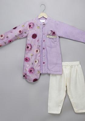 Lilac Embroidered Cotton Silk Kurta Set Wedding For Boys