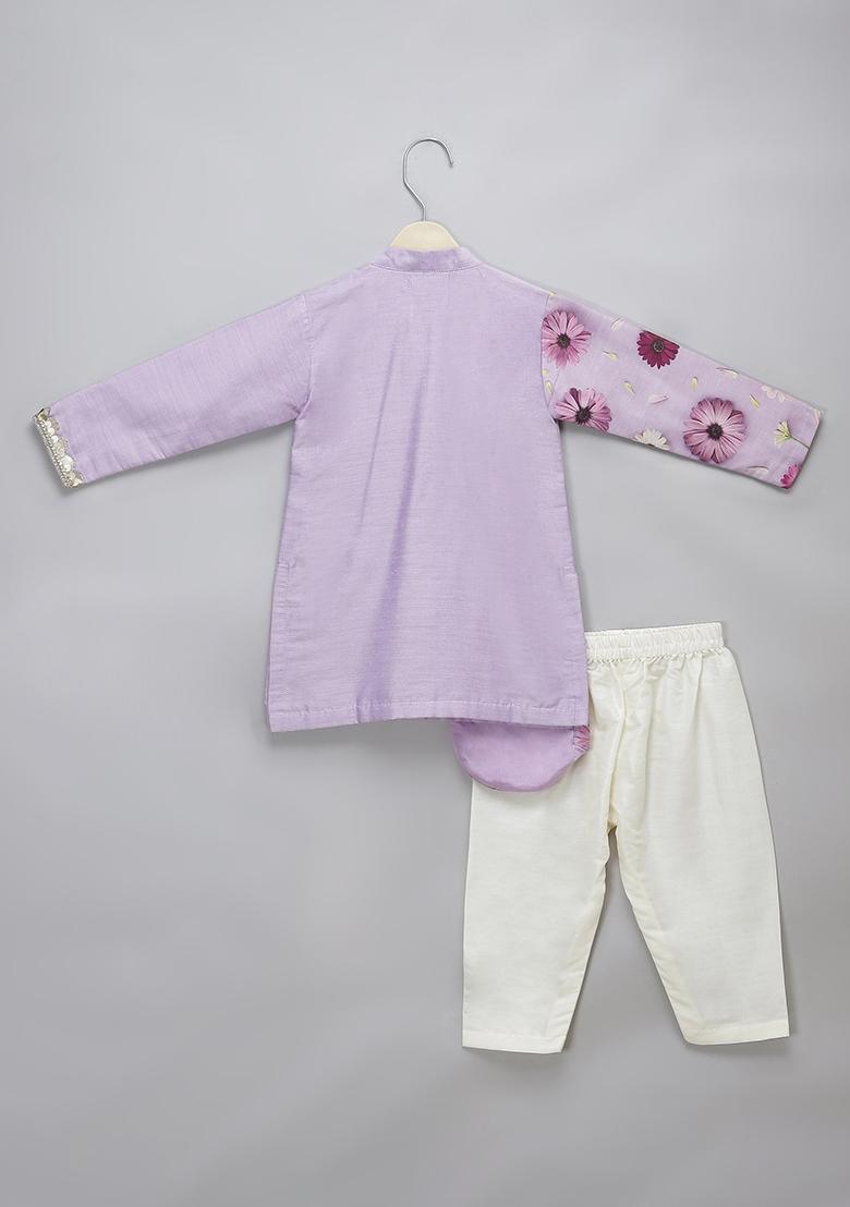 Lilac Embroidered Cotton Silk Kurta Set Wedding For Boys