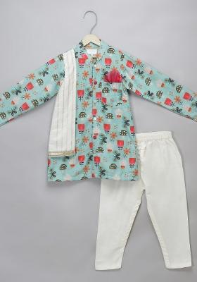 Green Embroidered Cotton Silk Kurta Set Wedding For Boys