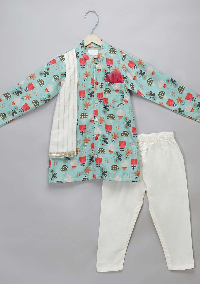 Green Embroidered Cotton Silk Kurta Set Wedding For Boys - Indya