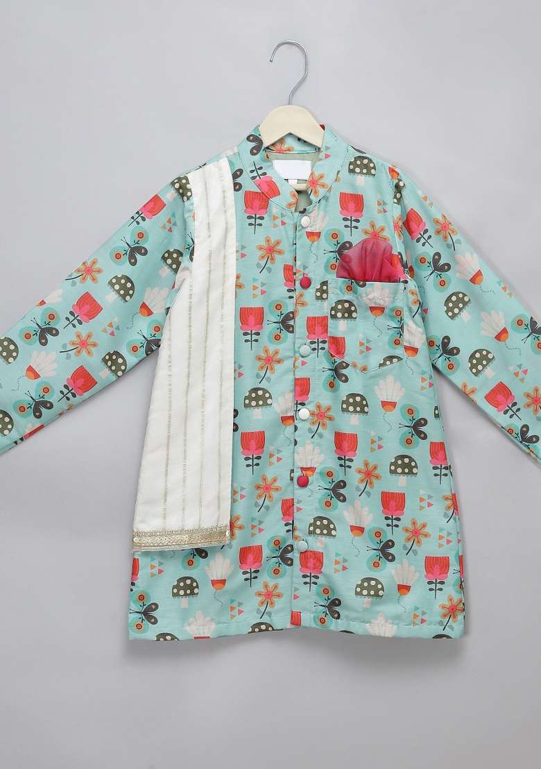 Green Embroidered Cotton Silk Kurta Set Wedding For Boys - Indya