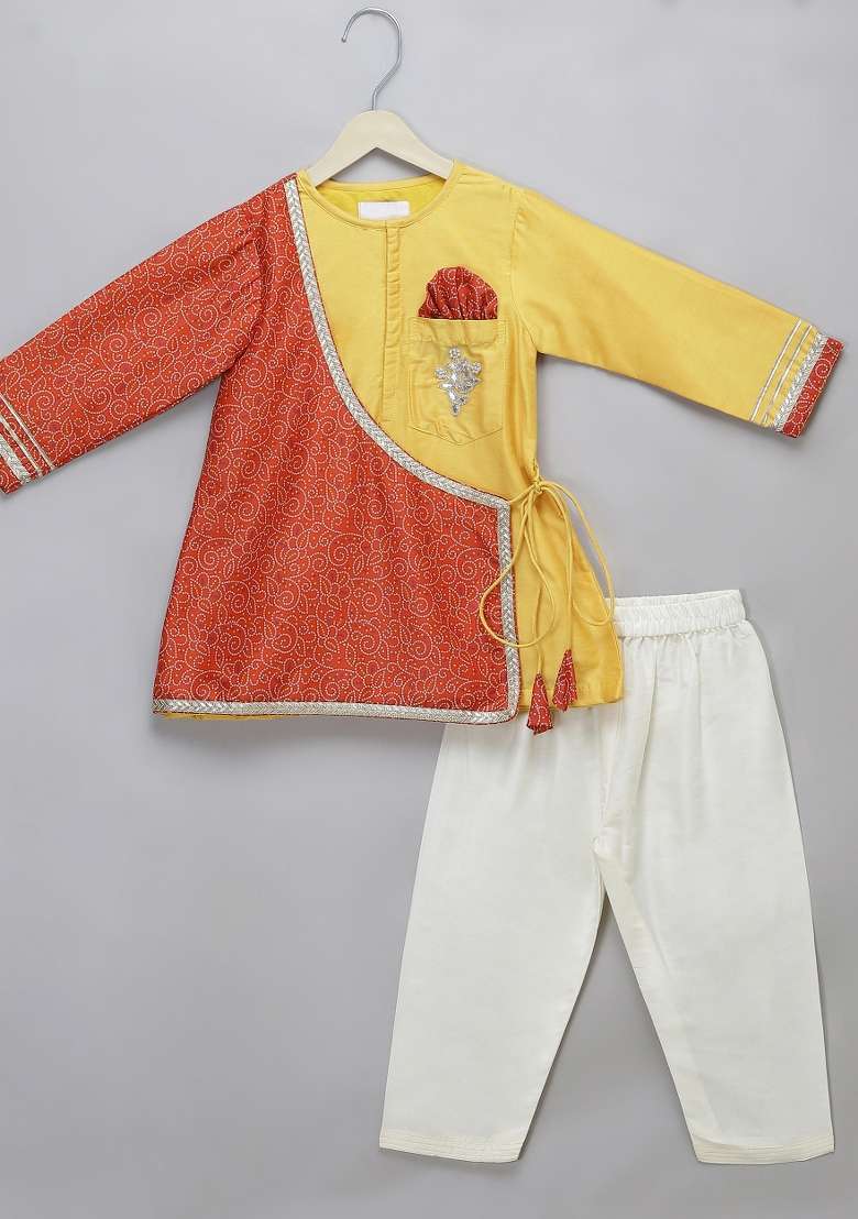 Yellow Embroidered Cotton Silk Kurta Set Wedding Navratri For Boys - Indya