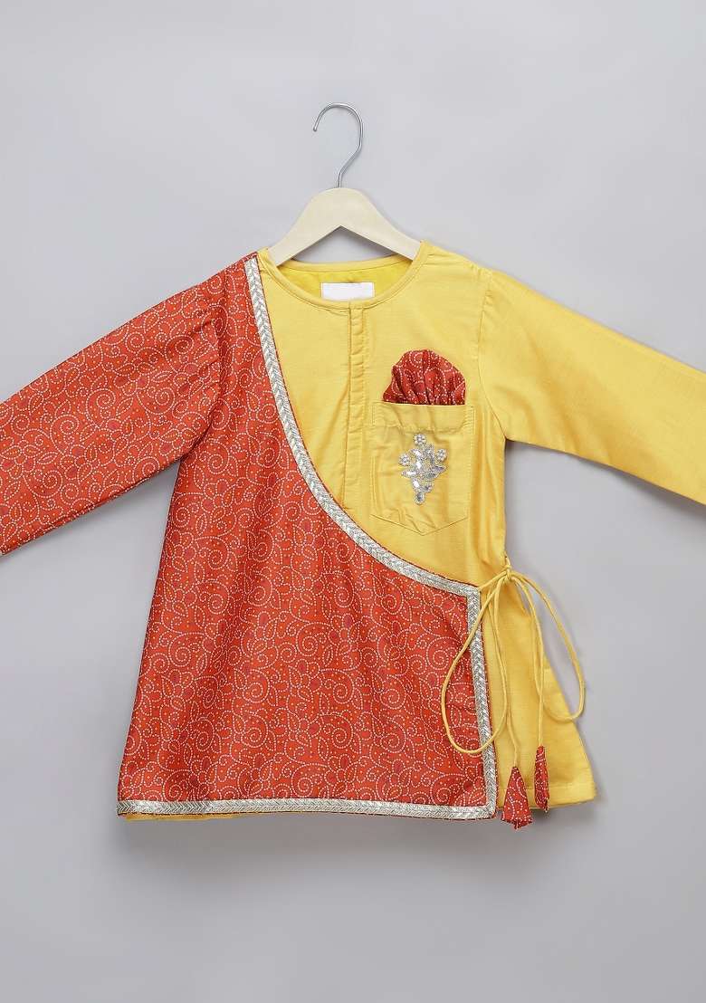 Yellow Embroidered Cotton Silk Kurta Set Wedding Navratri For Boys - Indya