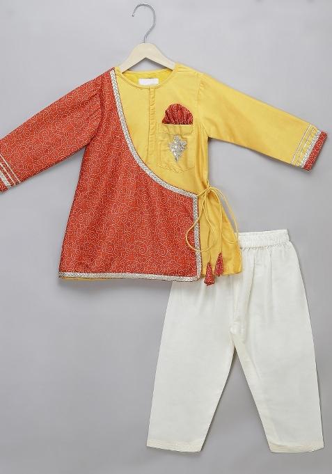 Yellow Embroidered Cotton Silk Kurta Set Wedding Navratri For Boys