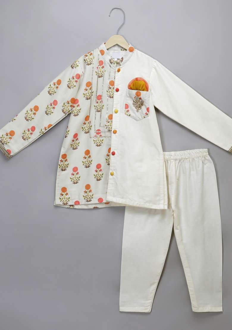 Off White Embroidered Cotton Silk Kurta Set Wedding For Boys - Indya