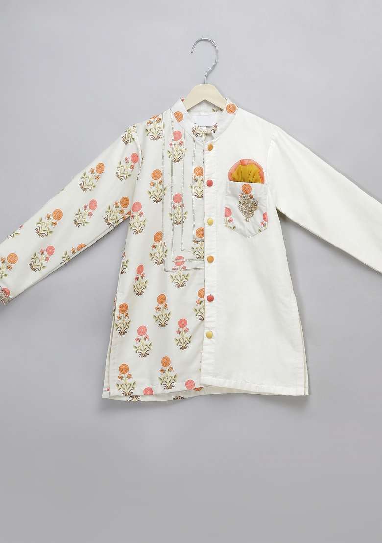 Off White Embroidered Cotton Silk Kurta Set Wedding For Boys - Indya
