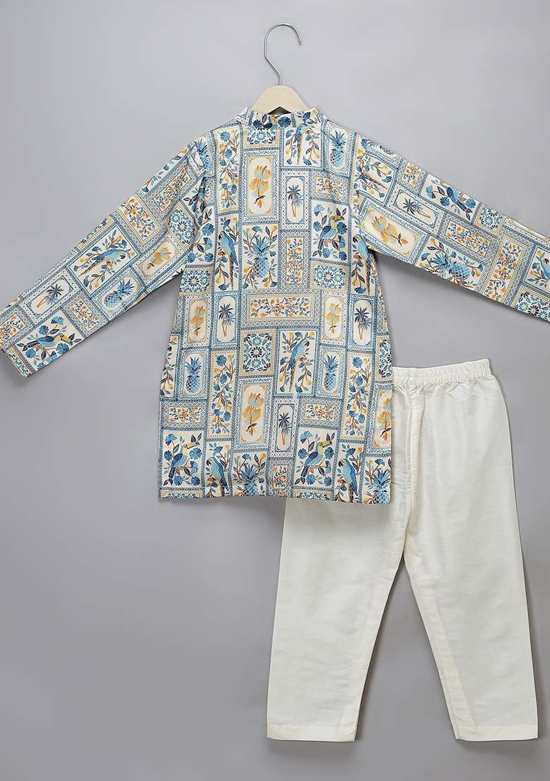 Blue Embroidered Cotton Silk Kurta Set Wedding For Boys - Indya