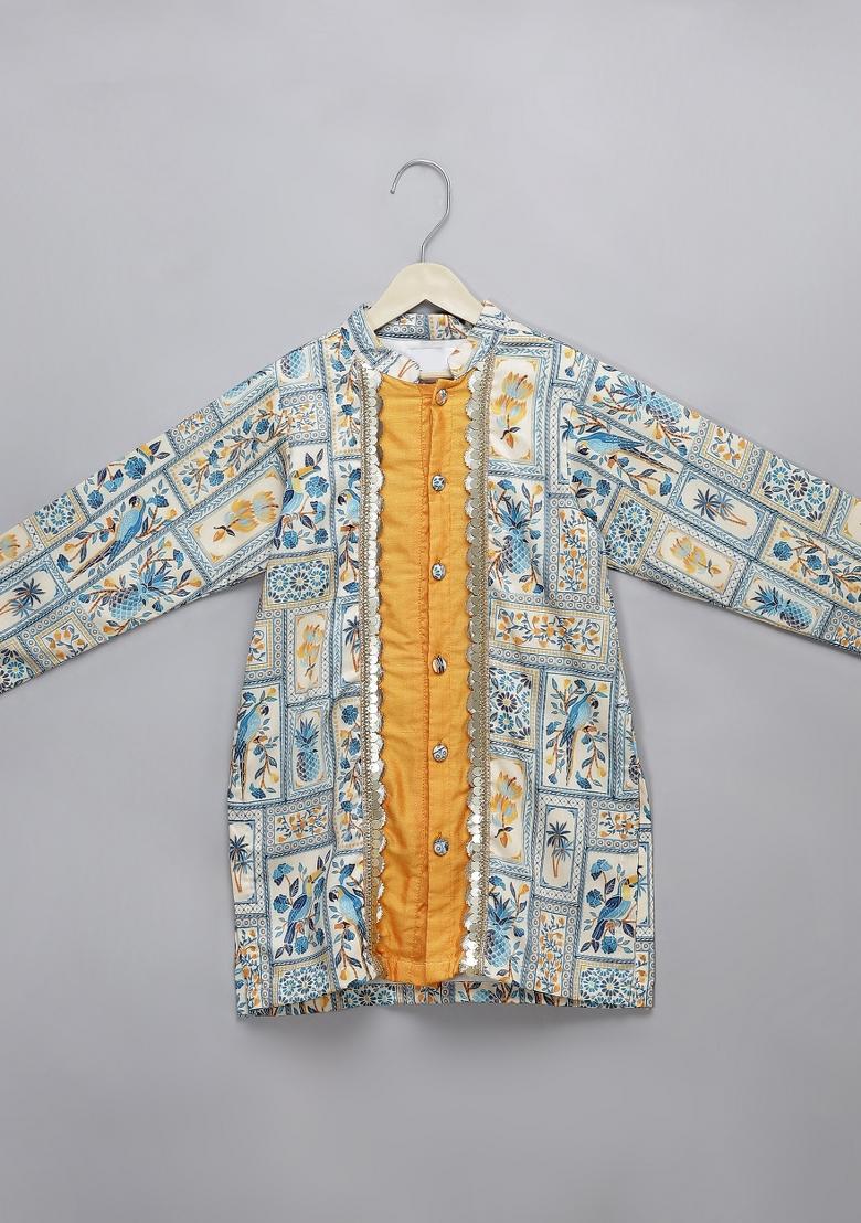 Blue Embroidered Cotton Silk Kurta Set Wedding For Boys